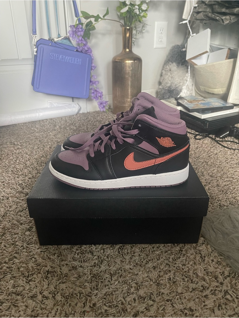 Air Jordan 1 Mid SE GS Sneakers Black Purple-Mauve with Coral Swoosh
